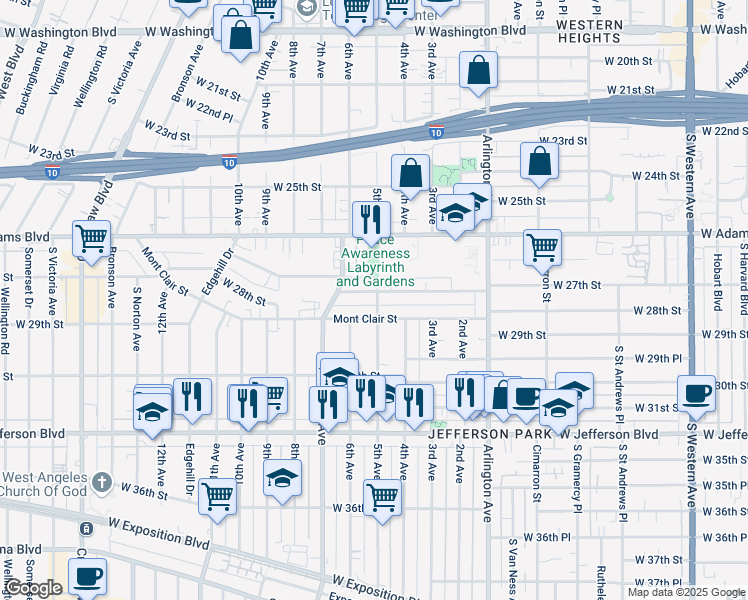 map of restaurants, bars, coffee shops, grocery stores, and more near 3514 West 27th Street in Los Angeles