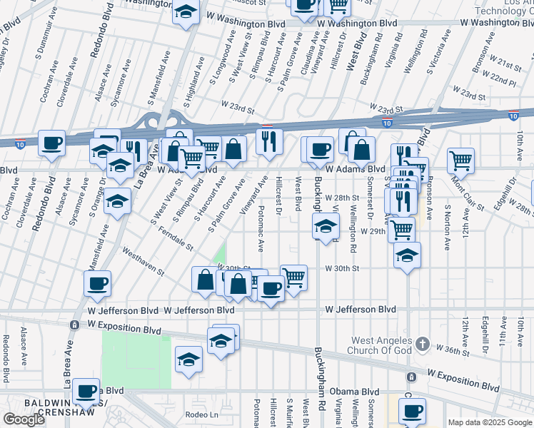 map of restaurants, bars, coffee shops, grocery stores, and more near 2822 Potomac Avenue in Los Angeles