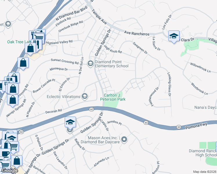 map of restaurants, bars, coffee shops, grocery stores, and more near 424 Golden Springs Drive in Diamond Bar