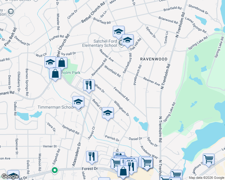map of restaurants, bars, coffee shops, grocery stores, and more near 4715 Fernwood Road in Columbia