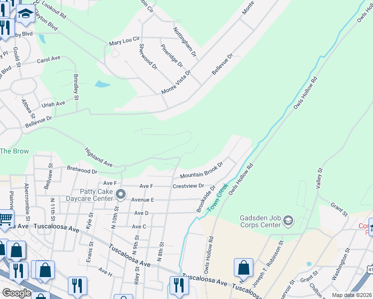 map of restaurants, bars, coffee shops, grocery stores, and more near 902 Highland Way in Gadsden
