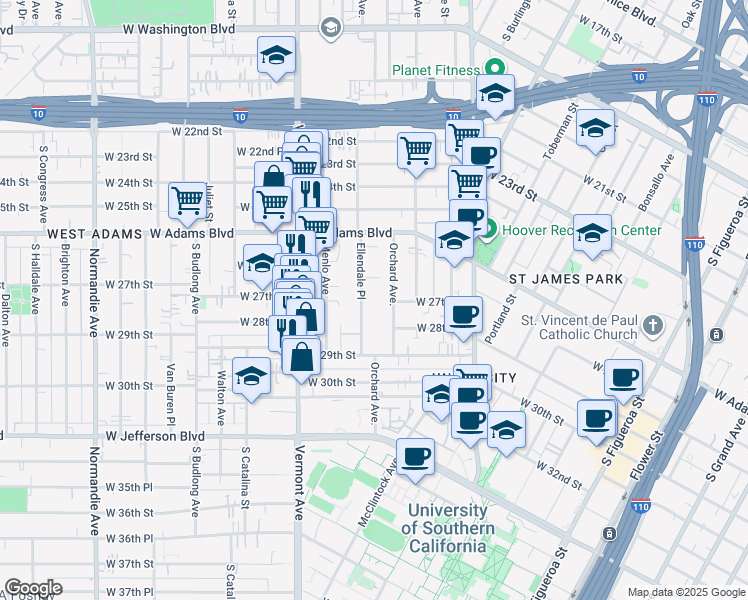 map of restaurants, bars, coffee shops, grocery stores, and more near 2676 Ellendale Place in Los Angeles