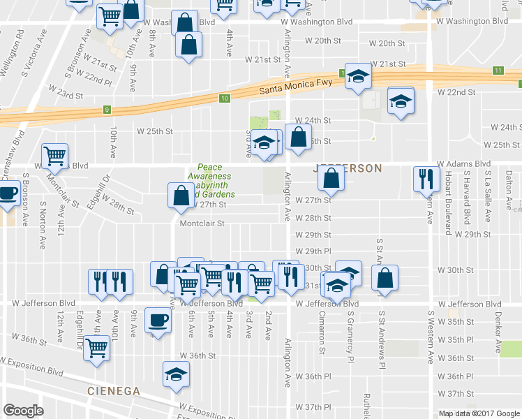 map of restaurants, bars, coffee shops, grocery stores, and more near 3218 West 27th Street in Los Angeles