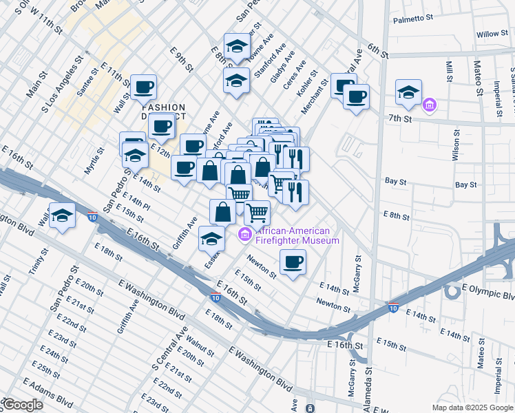map of restaurants, bars, coffee shops, grocery stores, and more near 1142 East 12th Street in Los Angeles