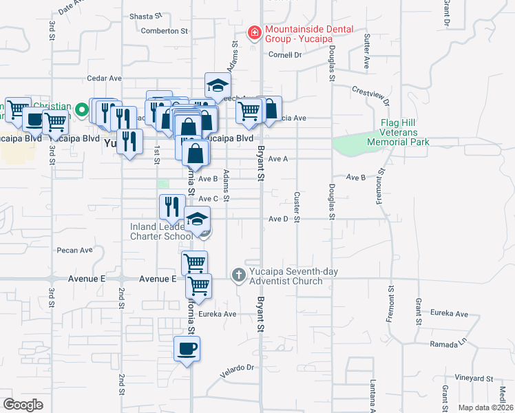 map of restaurants, bars, coffee shops, grocery stores, and more near 12296 Bryant Street in Yucaipa