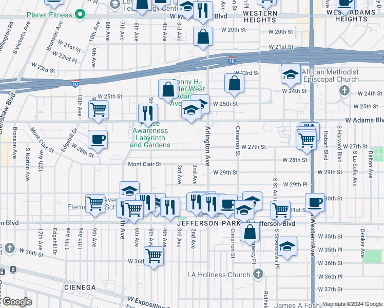 map of restaurants, bars, coffee shops, grocery stores, and more near 3206 West 27th Street in Los Angeles