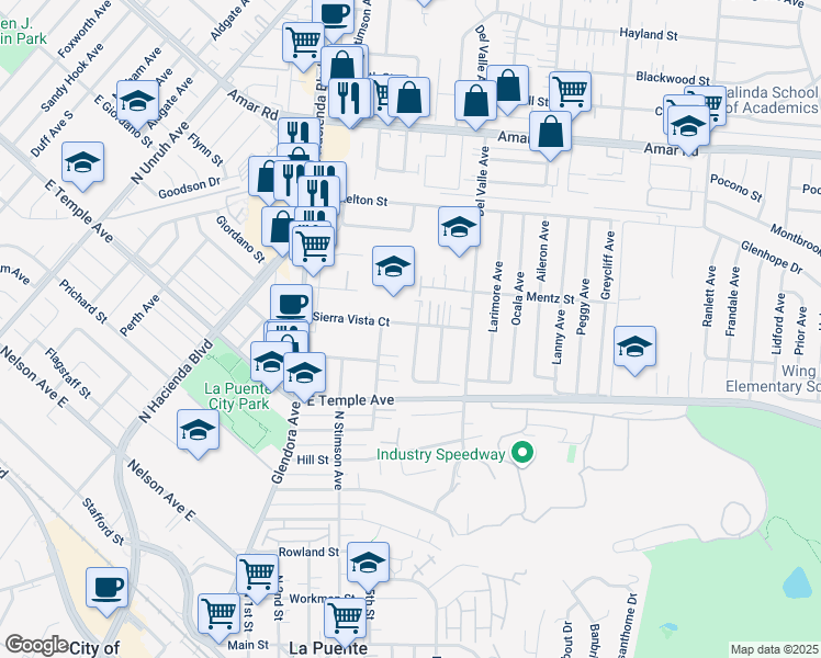 map of restaurants, bars, coffee shops, grocery stores, and more near 665 Gilwood Avenue in La Puente