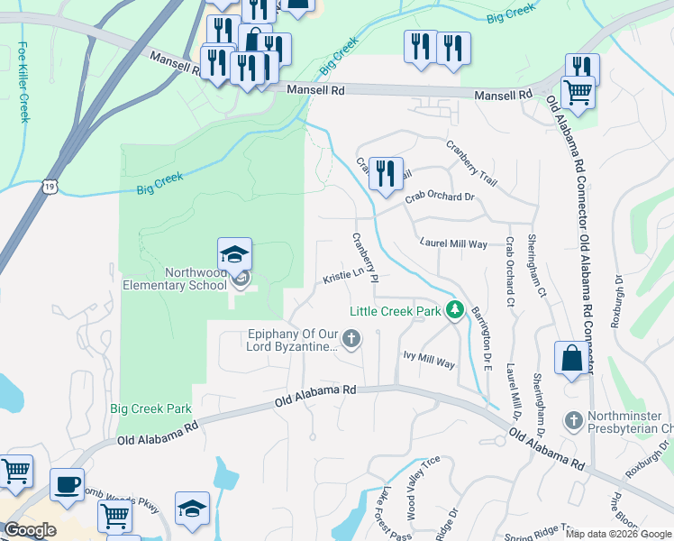 map of restaurants, bars, coffee shops, grocery stores, and more near 405 North Kimberly Court in Roswell