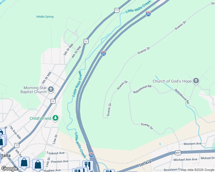 map of restaurants, bars, coffee shops, grocery stores, and more near 1048 Scenic Drive in Gadsden