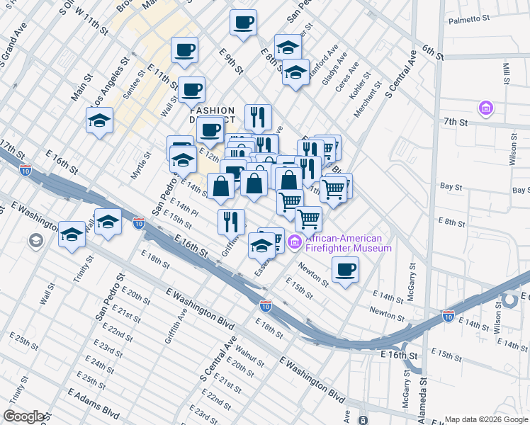 map of restaurants, bars, coffee shops, grocery stores, and more near 938 East Pico Boulevard in Los Angeles