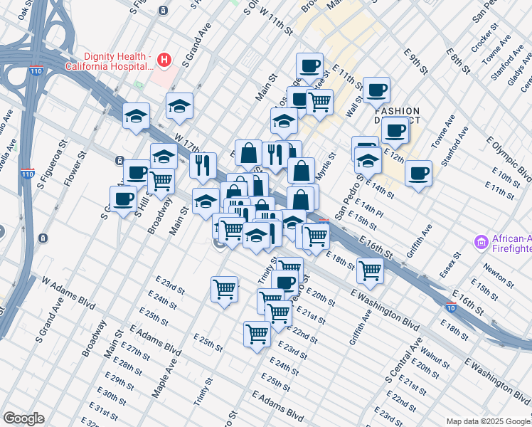 map of restaurants, bars, coffee shops, grocery stores, and more near 1710 Maple Ave in Los Angeles