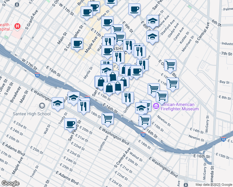 map of restaurants, bars, coffee shops, grocery stores, and more near 773 East 14th Place in Los Angeles