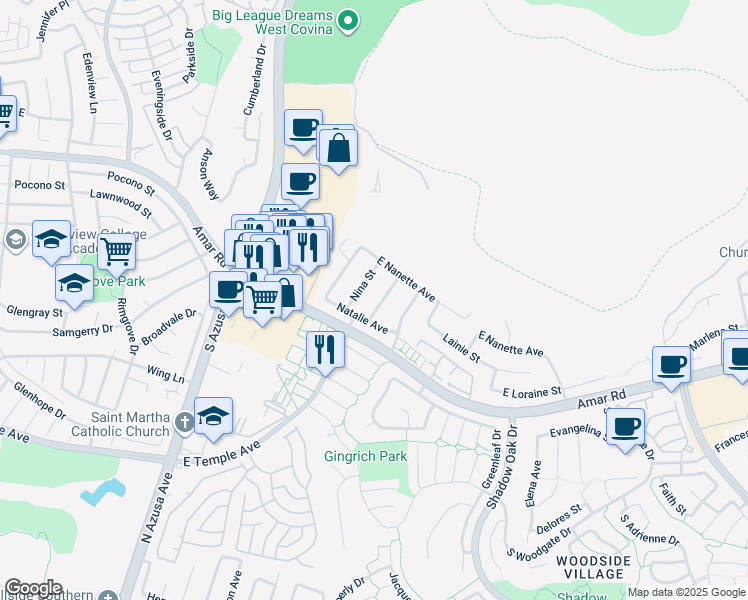 map of restaurants, bars, coffee shops, grocery stores, and more near 2435 South Nancy Street in West Covina