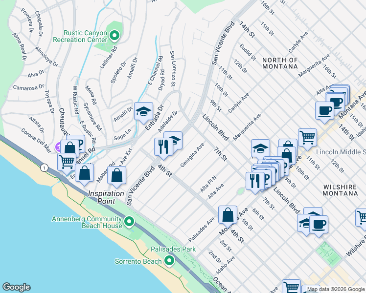 map of restaurants, bars, coffee shops, grocery stores, and more near 537 San Vicente Boulevard in Santa Monica