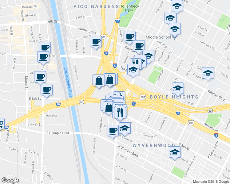map of restaurants, bars, coffee shops, grocery stores, and more near 1120 South Boyle Avenue in Los Angeles