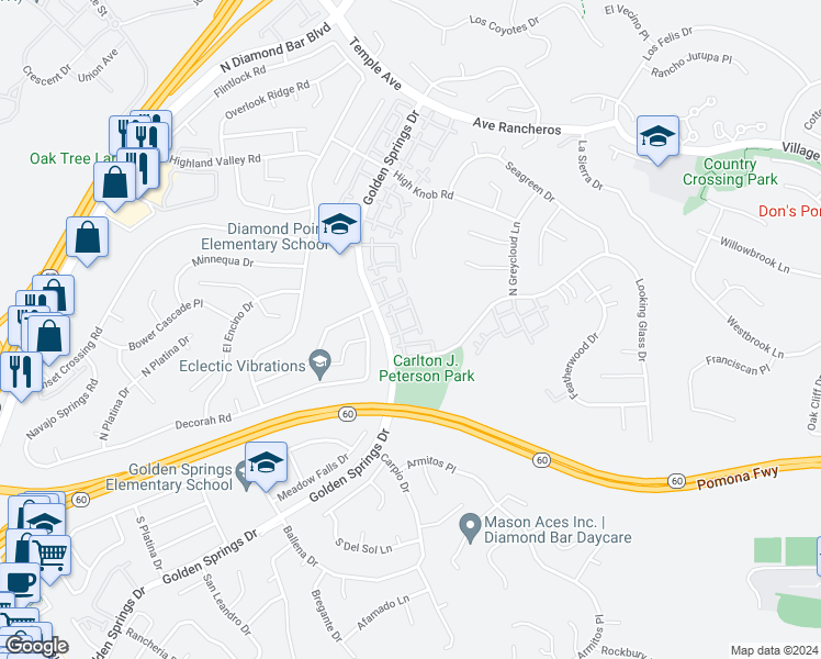 map of restaurants, bars, coffee shops, grocery stores, and more near 424 Golden Springs Drive in Diamond Bar