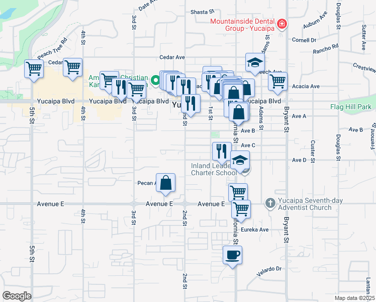map of restaurants, bars, coffee shops, grocery stores, and more near 12301 2nd Street in Yucaipa