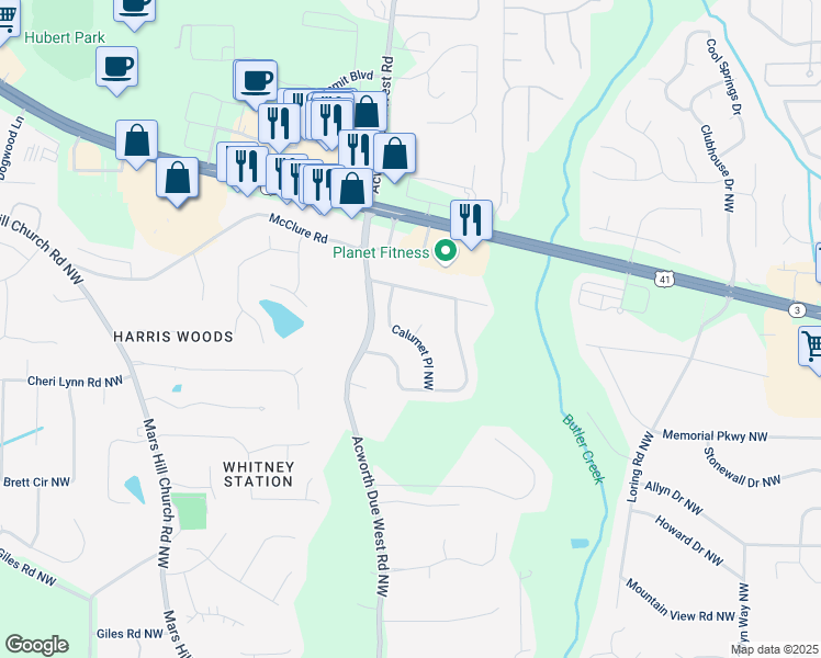 map of restaurants, bars, coffee shops, grocery stores, and more near 3161 Calumet Court Northwest in Kennesaw