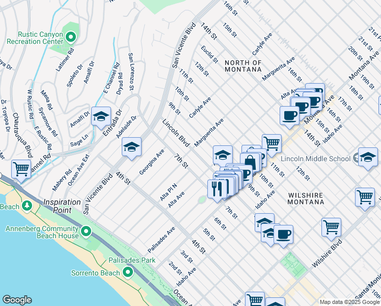map of restaurants, bars, coffee shops, grocery stores, and more near 500 Lincoln Boulevard in Santa Monica