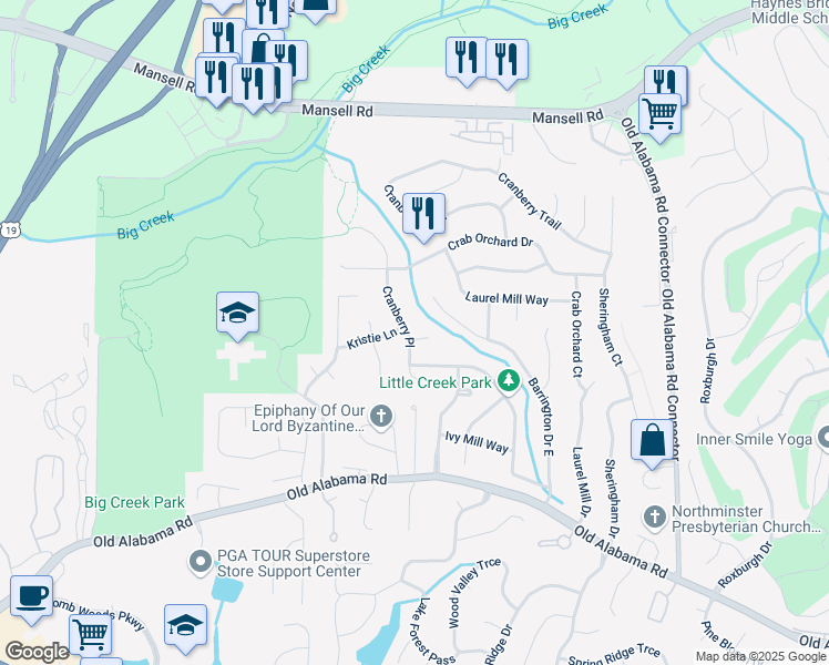 map of restaurants, bars, coffee shops, grocery stores, and more near 100 Karla Court in Roswell