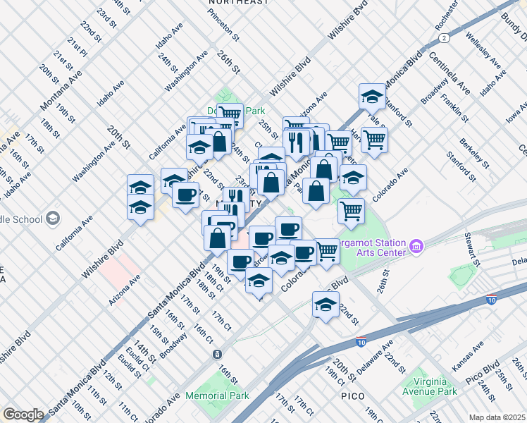 map of restaurants, bars, coffee shops, grocery stores, and more near 2232 Santa Monica Boulevard in Santa Monica
