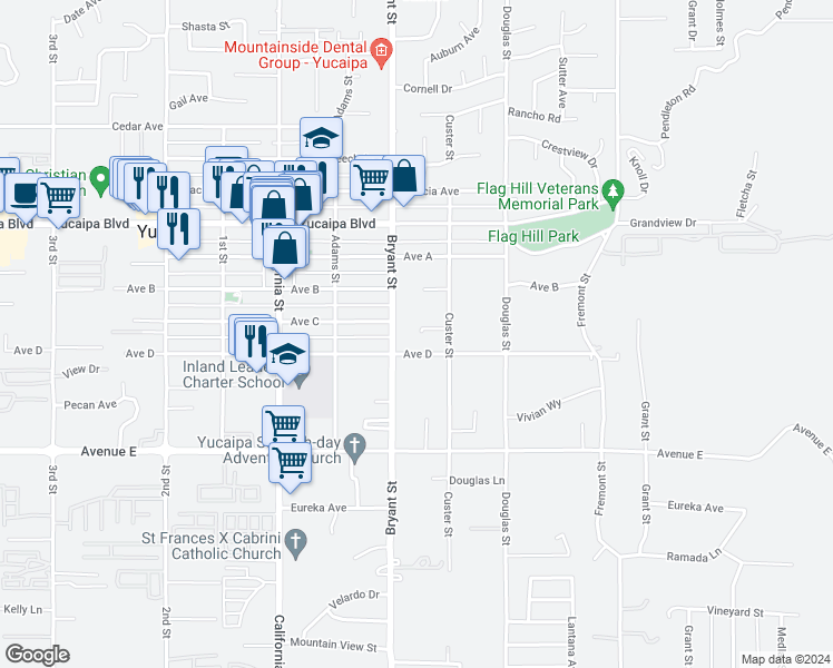 map of restaurants, bars, coffee shops, grocery stores, and more near 35371 Schad Lane in Yucaipa