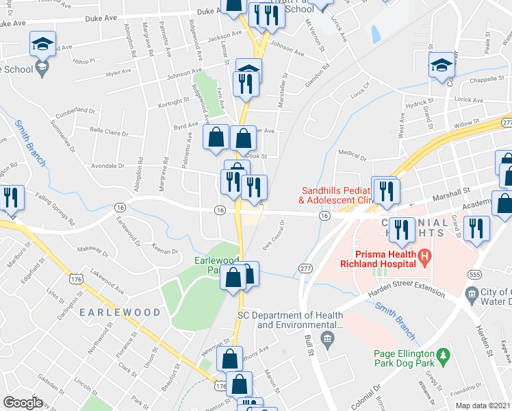 map of restaurants, bars, coffee shops, grocery stores, and more near 1217 Sunset Dr in Columbia
