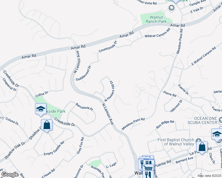 map of restaurants, bars, coffee shops, grocery stores, and more near 953 North Hunters Hill Drive in Walnut