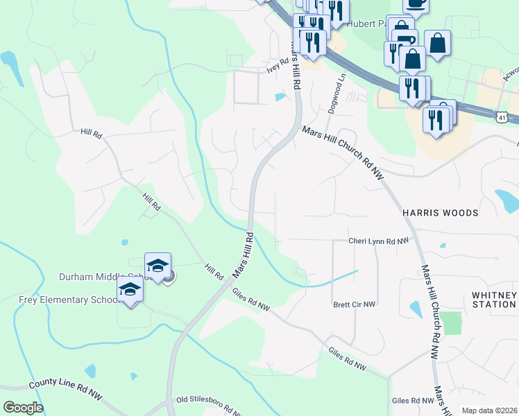 map of restaurants, bars, coffee shops, grocery stores, and more near 4941 Sherry Lane in Acworth