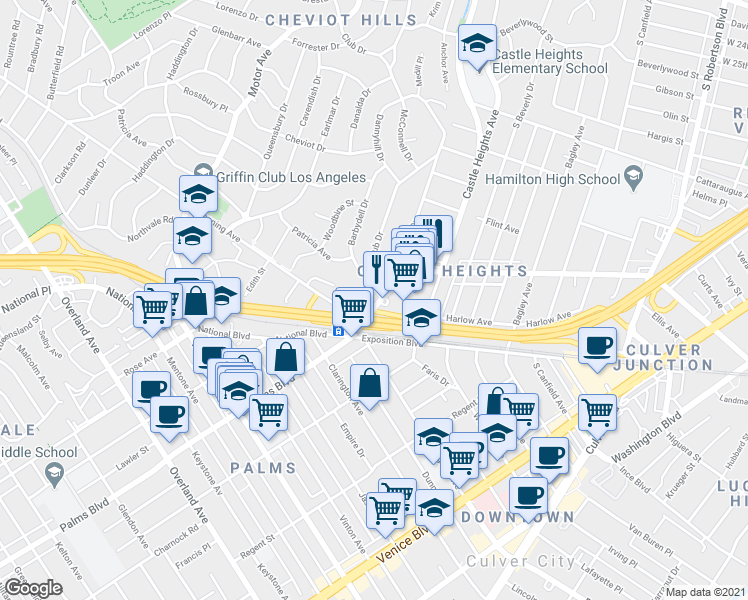 map of restaurants, bars, coffee shops, grocery stores, and more near 3431 Club Drive in Los Angeles