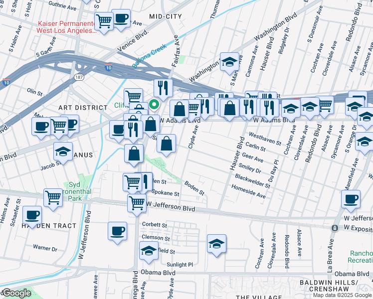 map of restaurants, bars, coffee shops, grocery stores, and more near 2701 Clyde Avenue in Los Angeles