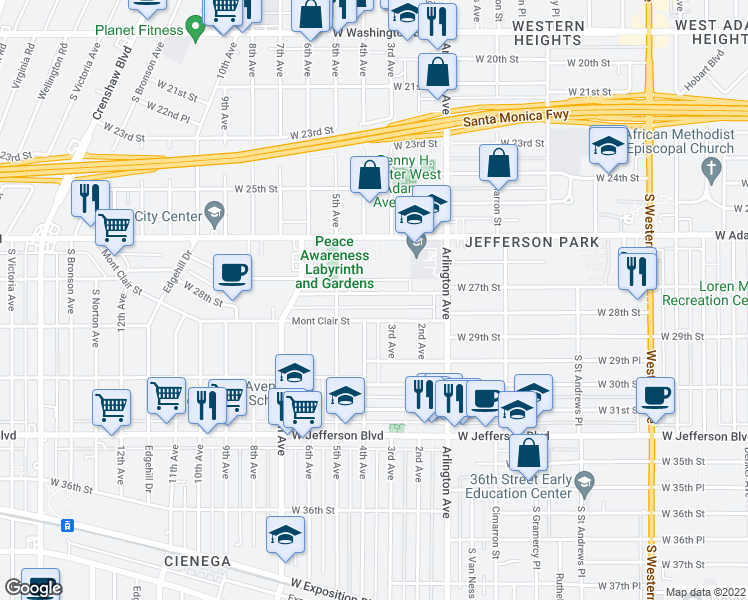 map of restaurants, bars, coffee shops, grocery stores, and more near 3326 West 27th Street in Los Angeles