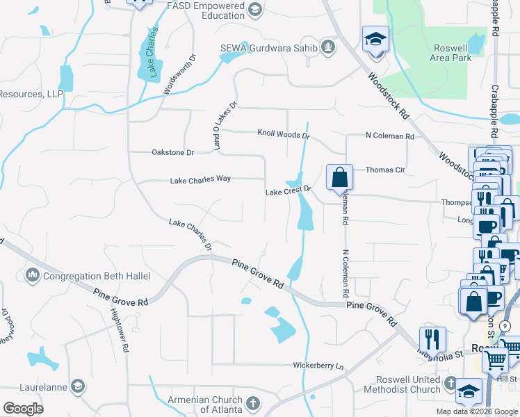 map of restaurants, bars, coffee shops, grocery stores, and more near 1150 Land O Lakes Drive in Roswell