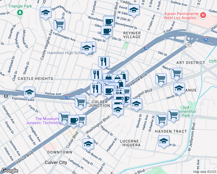 map of restaurants, bars, coffee shops, grocery stores, and more near 8933 National Boulevard in Los Angeles
