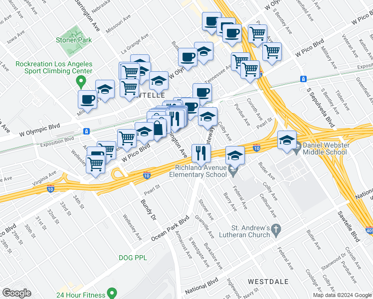 map of restaurants, bars, coffee shops, grocery stores, and more near 2454 South Barrington Avenue in Los Angeles