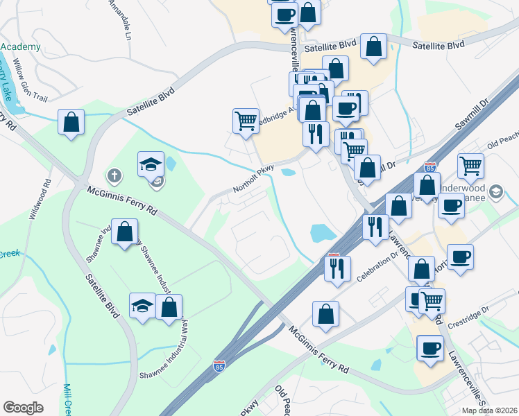 map of restaurants, bars, coffee shops, grocery stores, and more near 3300 Northcliff Drive in Suwanee