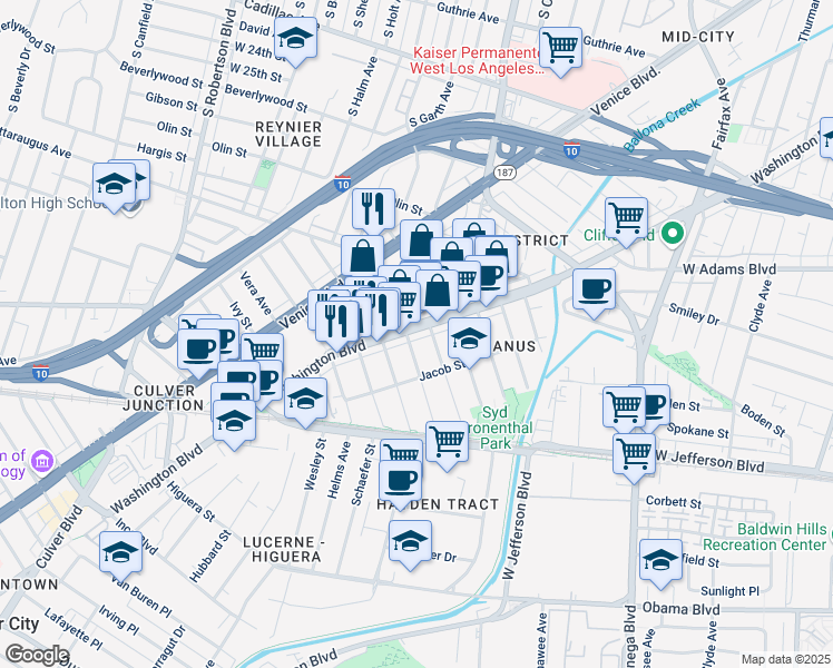map of restaurants, bars, coffee shops, grocery stores, and more near 8534 Washington Boulevard in Culver City