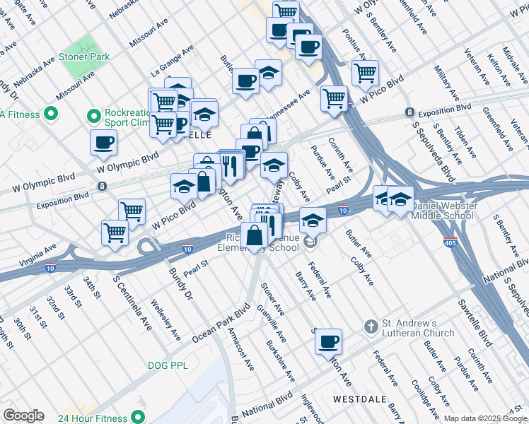 map of restaurants, bars, coffee shops, grocery stores, and more near 11572 1/2 Gateway Boulevard in Los Angeles