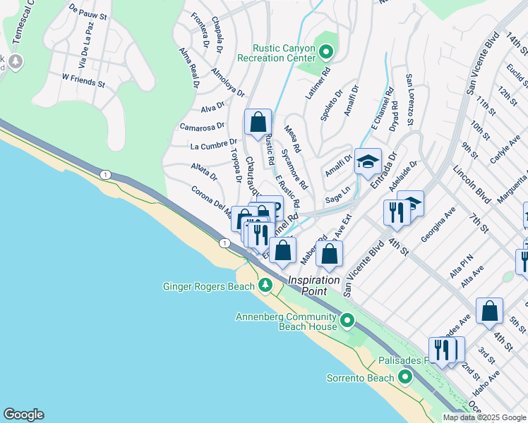 map of restaurants, bars, coffee shops, grocery stores, and more near 201 Chautauqua Boulevard in Los Angeles