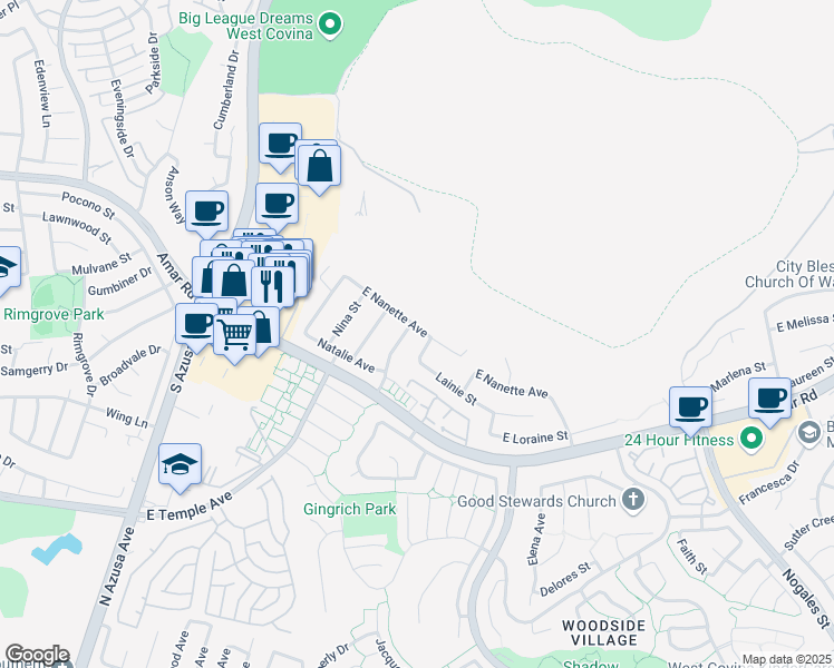 map of restaurants, bars, coffee shops, grocery stores, and more near 1753 East Nanette Avenue in West Covina