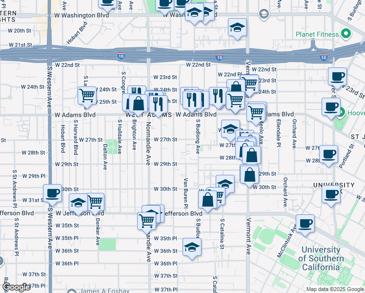 map of restaurants, bars, coffee shops, grocery stores, and more near 1604 West 27th Street in Los Angeles