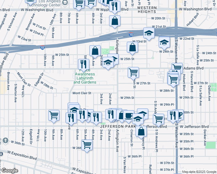 map of restaurants, bars, coffee shops, grocery stores, and more near 3120 West 27th Street in Los Angeles