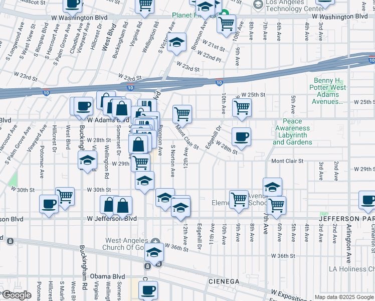 map of restaurants, bars, coffee shops, grocery stores, and more near 2819 12th Avenue in Los Angeles