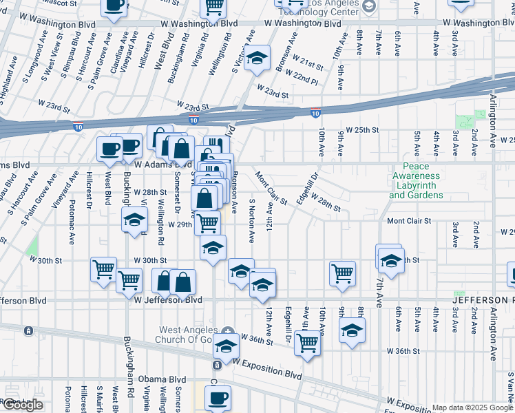map of restaurants, bars, coffee shops, grocery stores, and more near 2819 12th Avenue in Los Angeles