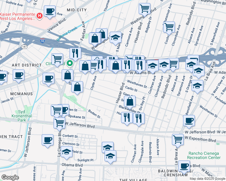 map of restaurants, bars, coffee shops, grocery stores, and more near 5542 Geer Avenue in Los Angeles