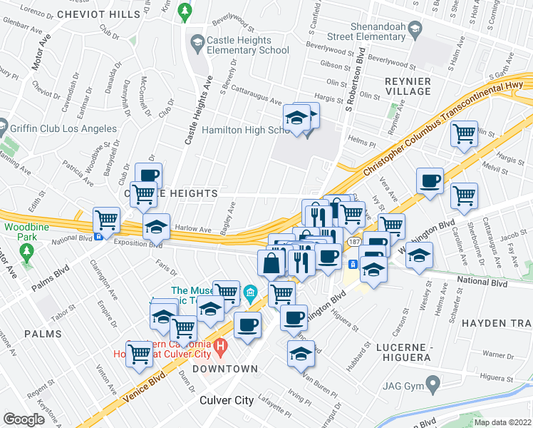 map of restaurants, bars, coffee shops, grocery stores, and more near 3326 Durango Avenue in Los Angeles