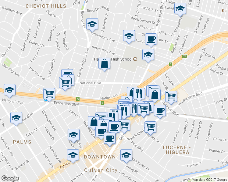 map of restaurants, bars, coffee shops, grocery stores, and more near 3330 South Canfield Avenue in Los Angeles