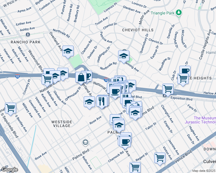 map of restaurants, bars, coffee shops, grocery stores, and more near 10535 National Boulevard in Los Angeles