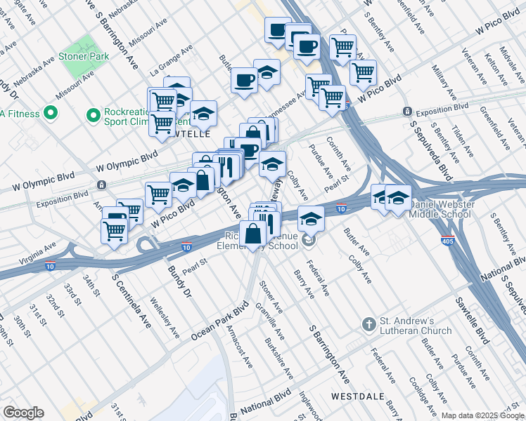 map of restaurants, bars, coffee shops, grocery stores, and more near 11625 Gateway Boulevard in Los Angeles