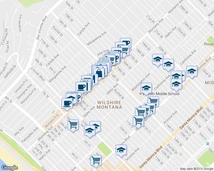 map of restaurants, bars, coffee shops, grocery stores, and more near 832 Euclid Street in Santa Monica